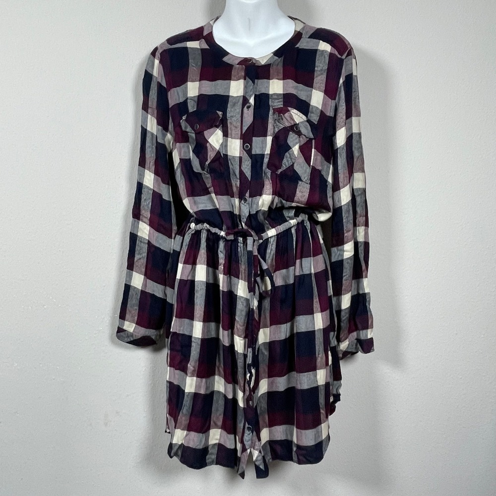 Lucky Brand Shirt Dress Womens XL Burgundy Navy Plaid Modal Drawstring Pockets
